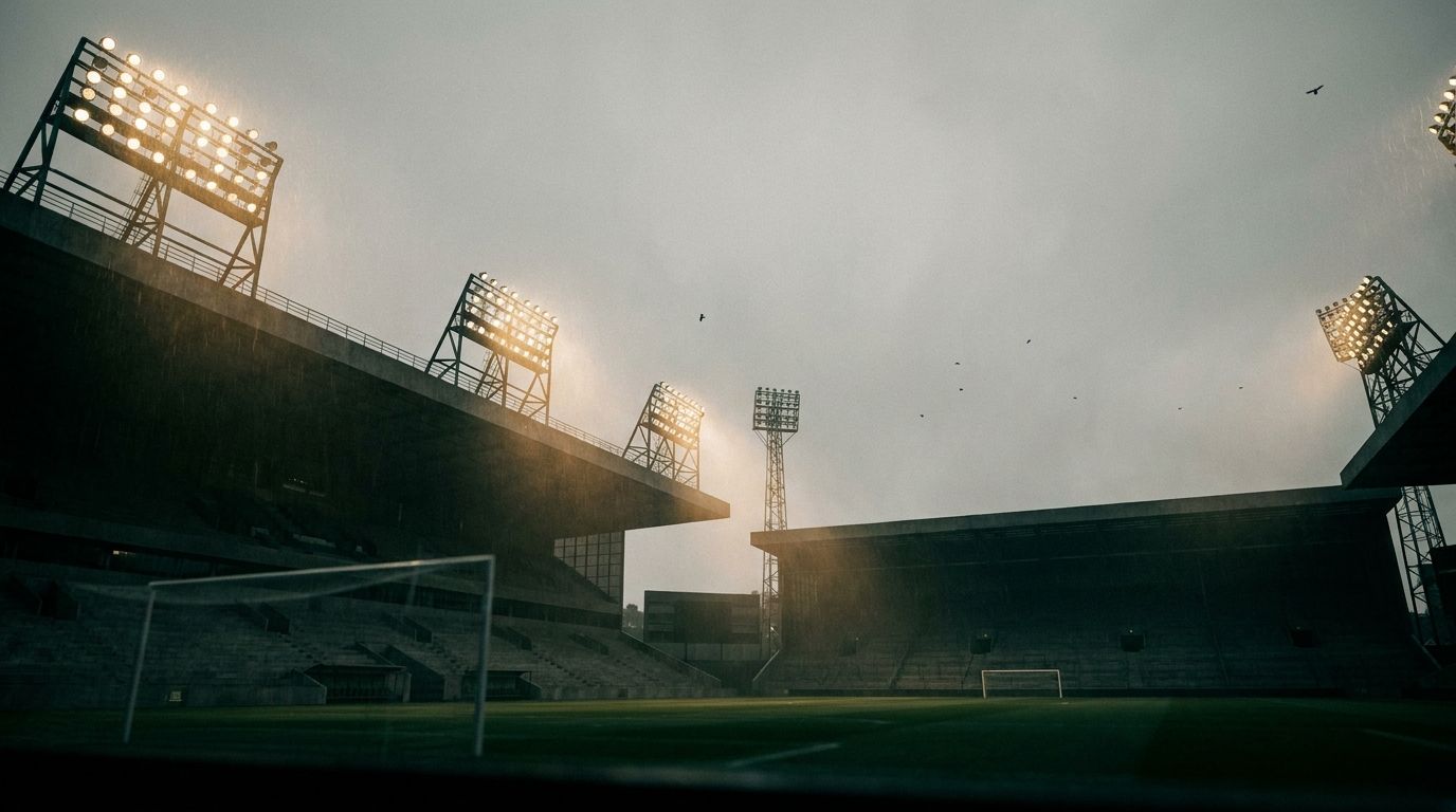 Floodlit football stadium at night