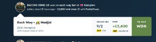 Madjid — each-way 9/2 winner at Kempton, +£5,400 profit