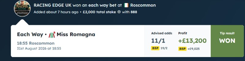 Miss Romagna — each-way 11/1 winner at Roscommon, +£13,200 profit. BOOOOOM!!!! 💥🐎🏆